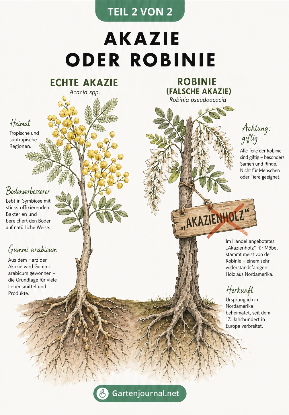 Gegenüberstellung der Echten Akazie mit gelben Blüten und der Robinie mit weißen Blüten