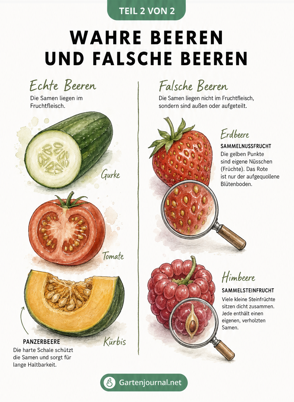 Botanische Illustration von echten Beeren wie Gurke, Tomate und Kürbis im Vergleich zu falschen Beeren wie Erdbeere und Himbeere