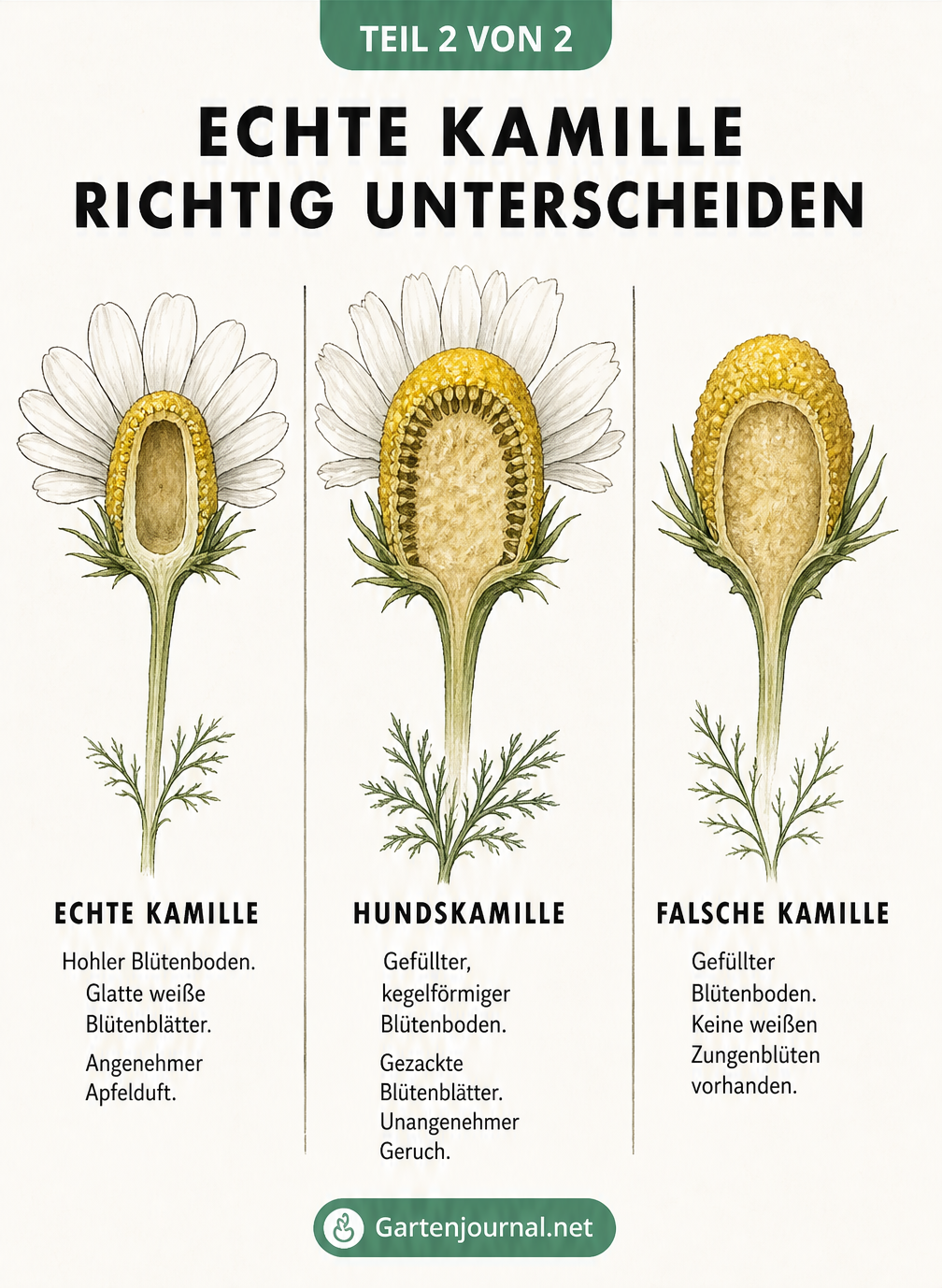 Vergleich der Blütenquerschnitte von Echter Kamille, Hundskamille und Falscher Kamille