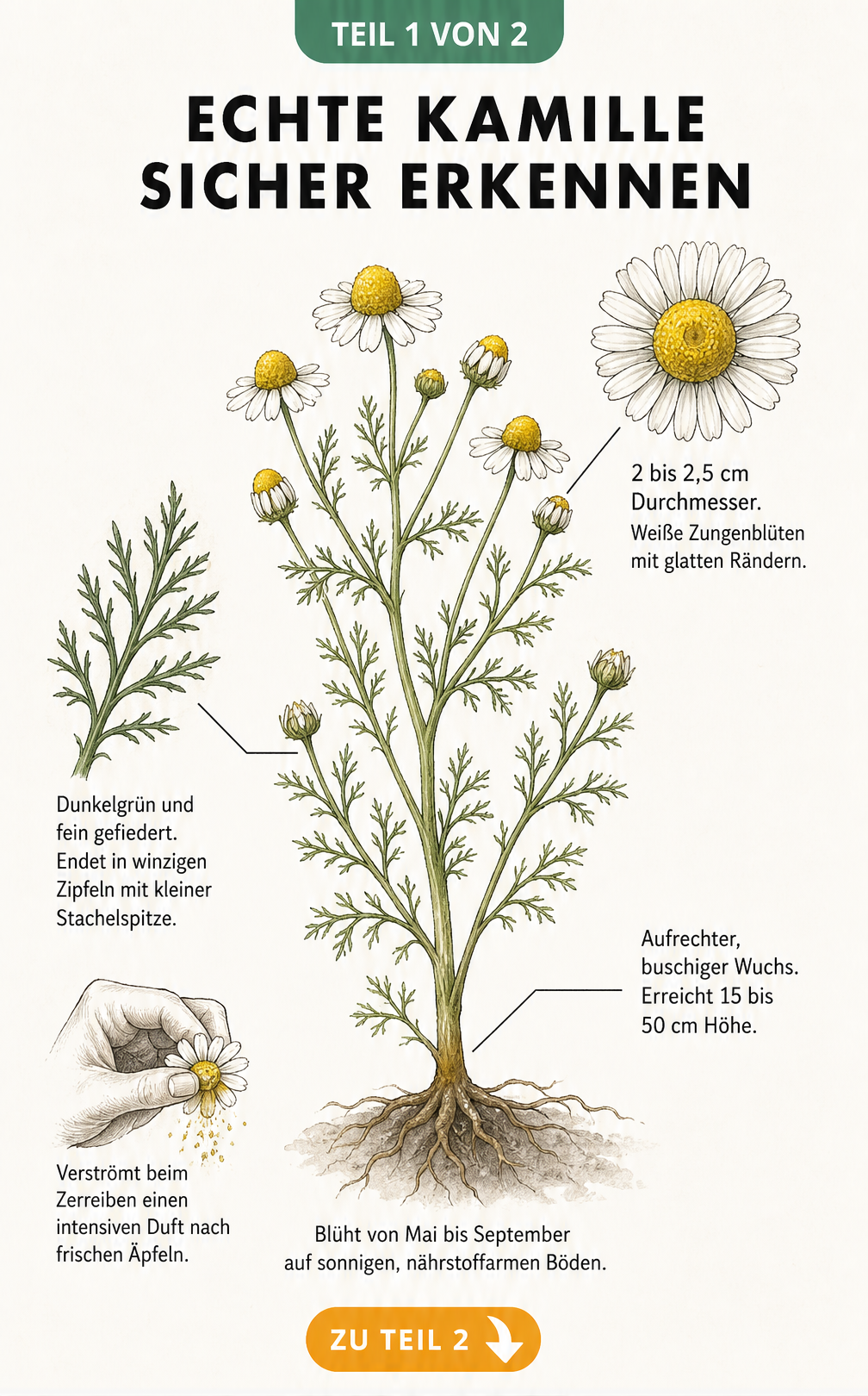 Botanische Illustration der Echten Kamille mit Details zu Blüte, Blatt, Wuchs und Duft