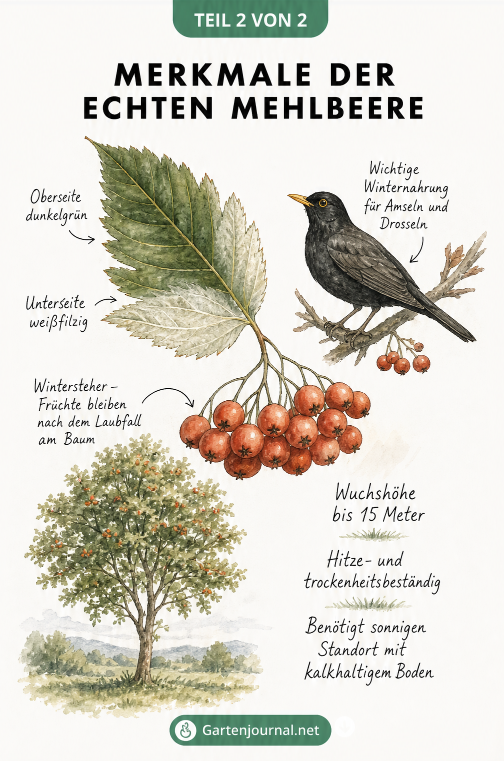 Illustration eines Mehlbeeren-Blattes und einer Fruchtdolde mit einer Amsel