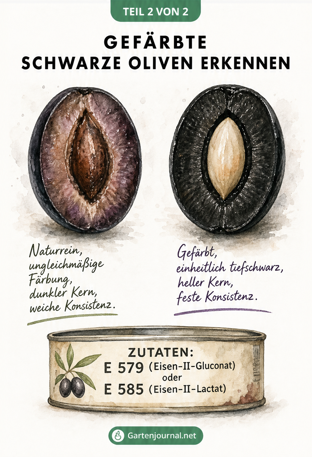 Querschnitt-Vergleich einer echten reifen schwarzen Olive und einer gefärbten Olive