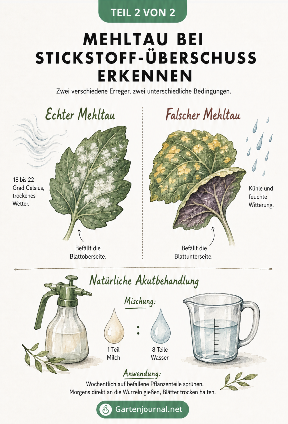 Vergleich von Echtem und Falschem Mehltau auf Blättern mit Anleitung zur natürlichen Behandlung durch ein Milch-Wasser-Gemisch