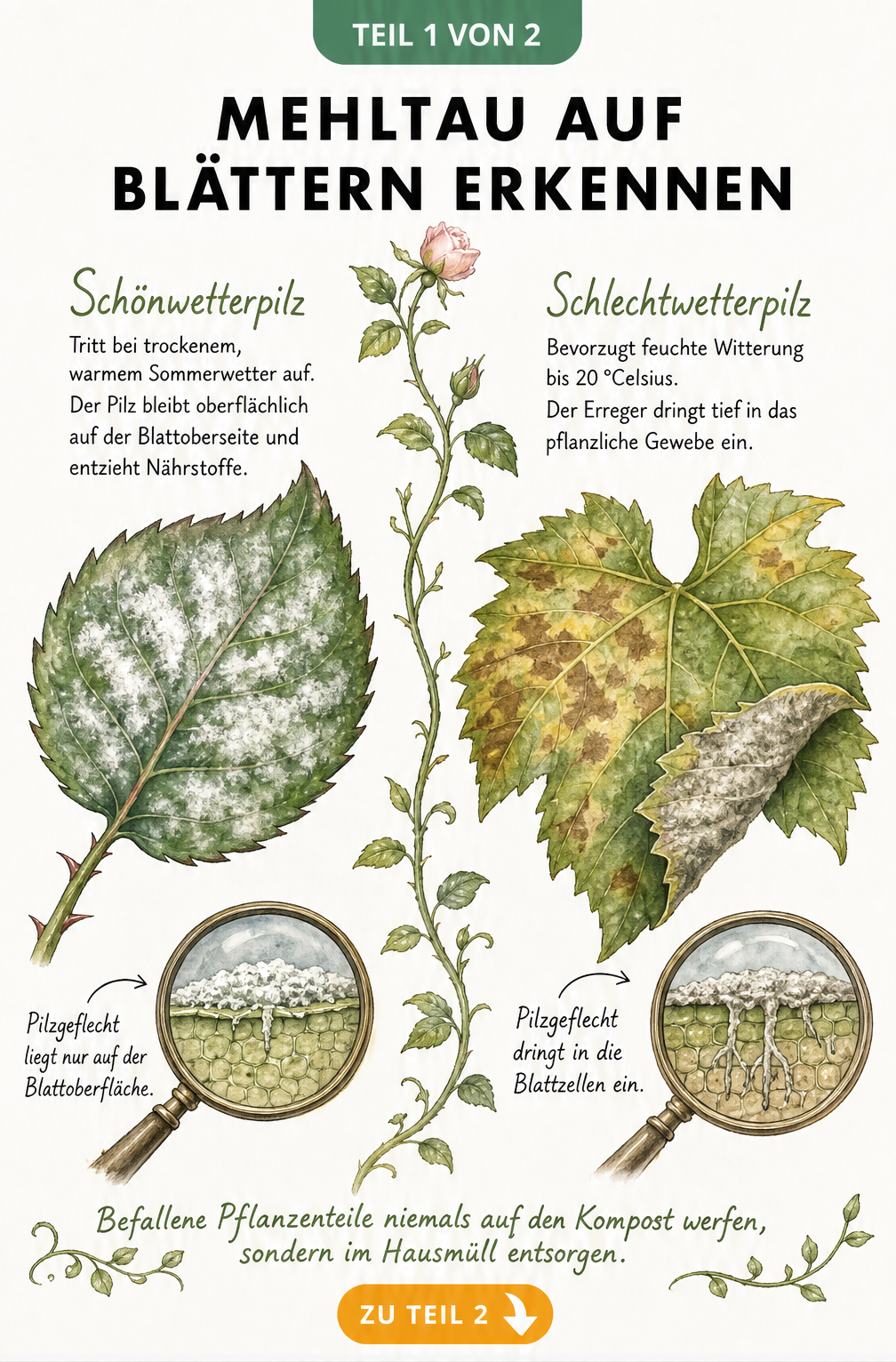 Botanische Illustration von Echtem und Falschem Mehltau auf Blättern mit Erkennungsmerkmalen