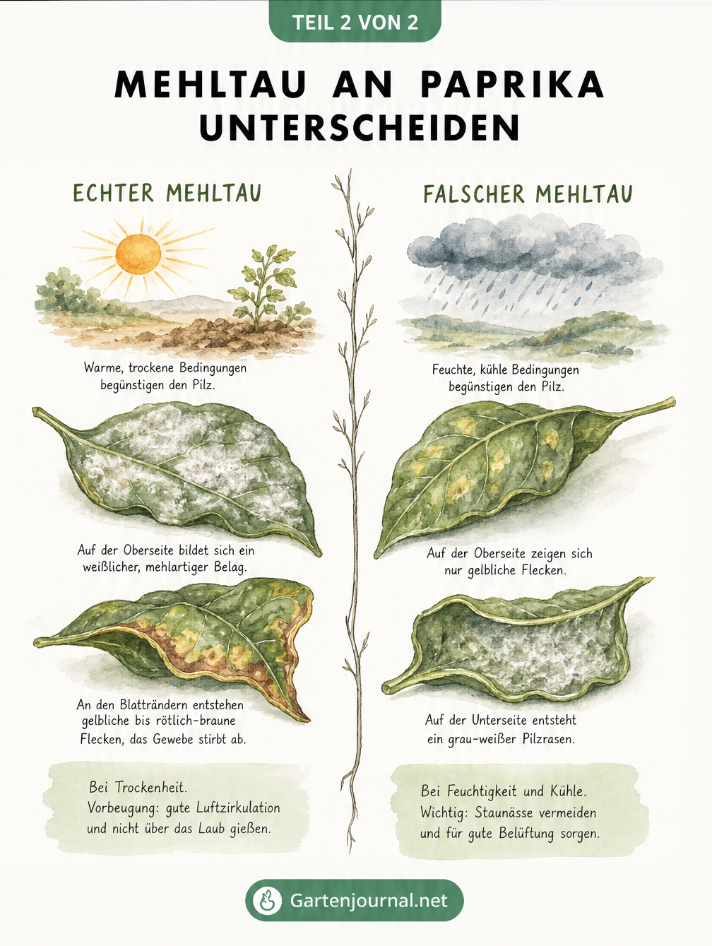 Vergleich von Echtem und Falschem Mehltau an Paprikablättern mit Symptomen auf Ober- und Unterseite