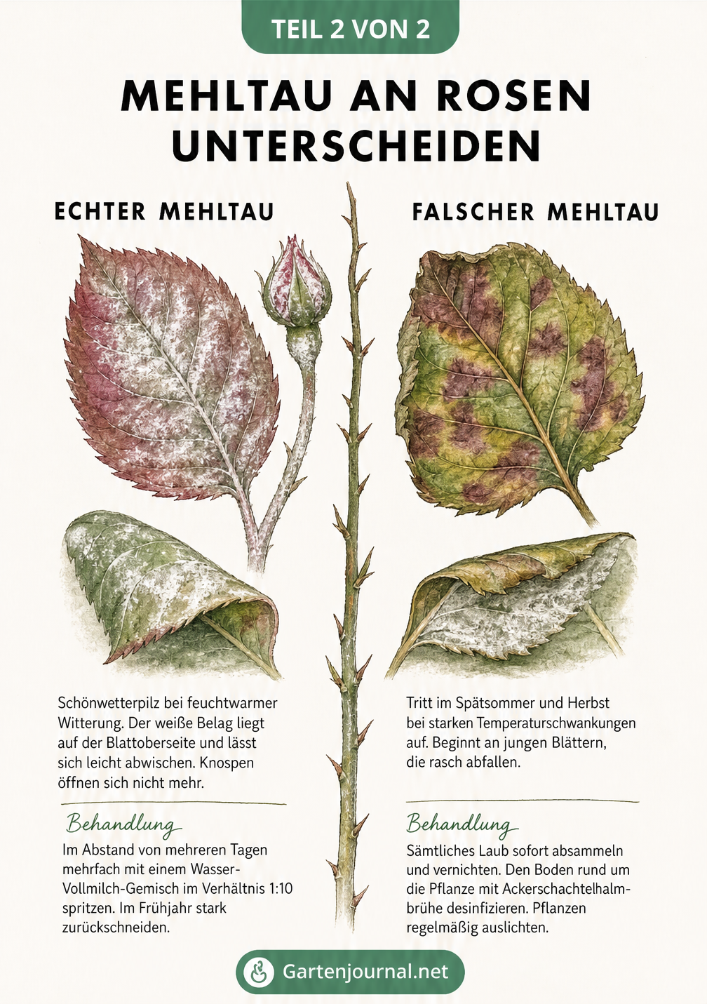 Gegenüberstellung von Rosenblättern mit Echtem Mehltau und Falschem Mehltau