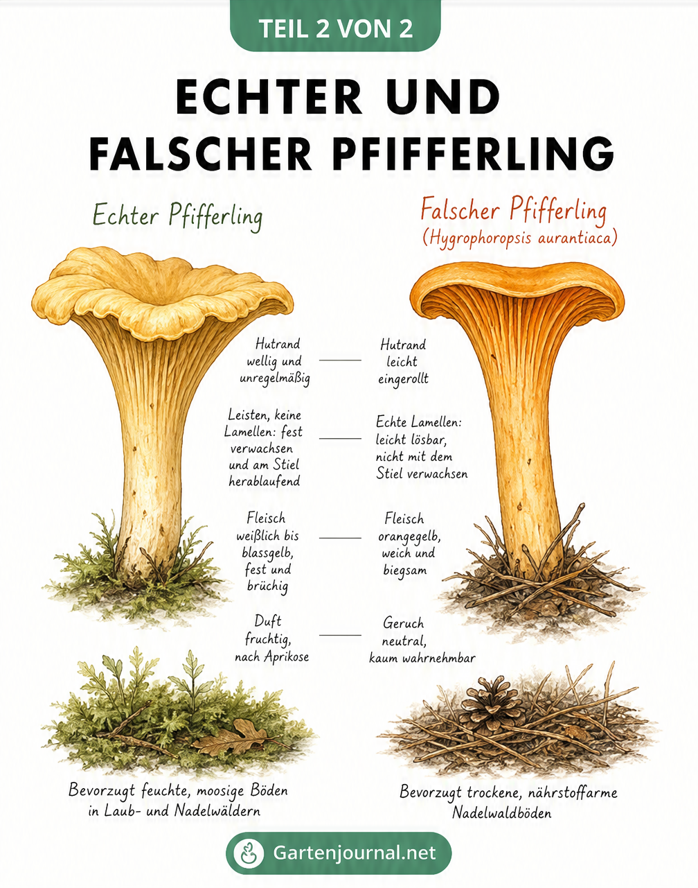 Vergleich zwischen echtem und falschem Pfifferling mit Fokus auf Leisten, Lamellen und Fleisch