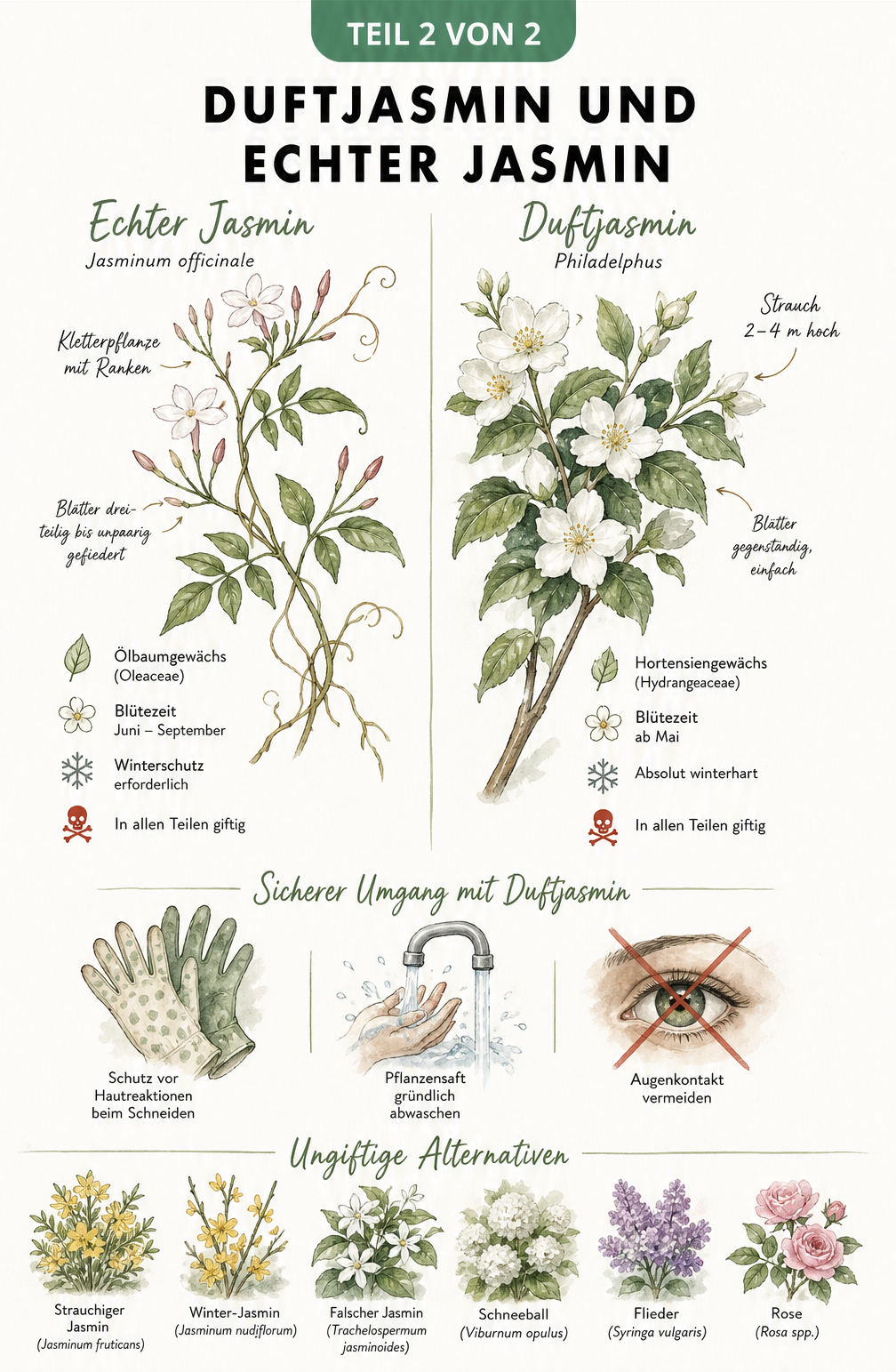 Vergleich von Echtem Jasmin und Duftjasmin mit Pflegehinweisen und ungiftigen Alternativen