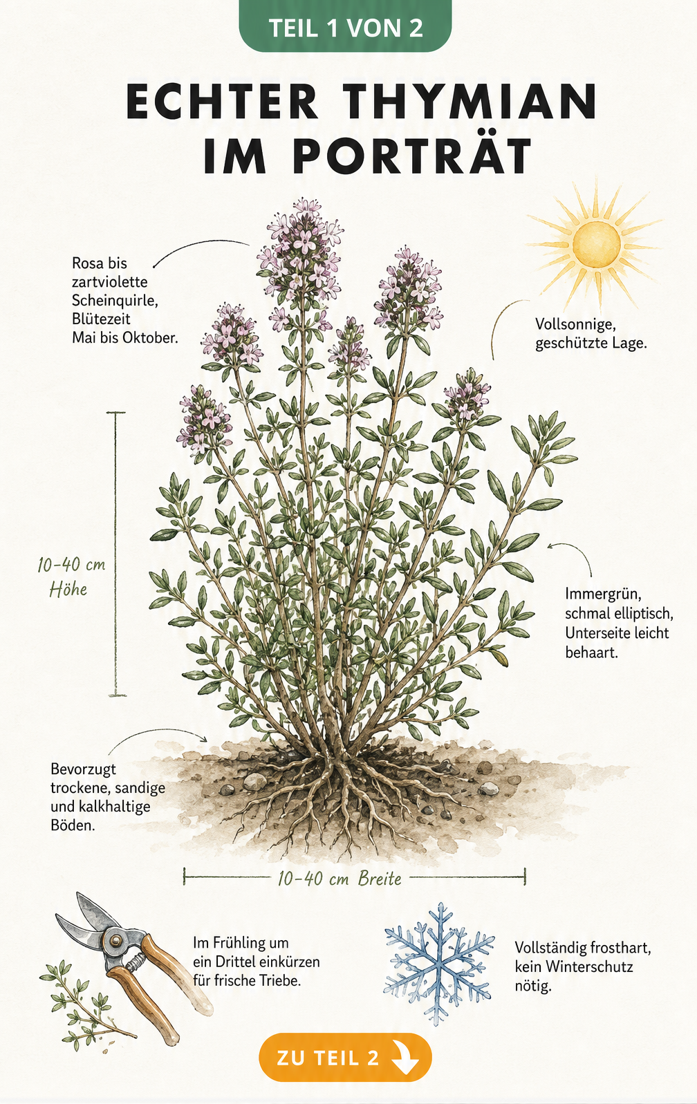 Botanische Illustration von Echtem Thymian mit Details zu Standort, Boden, Pflege und Wuchs
