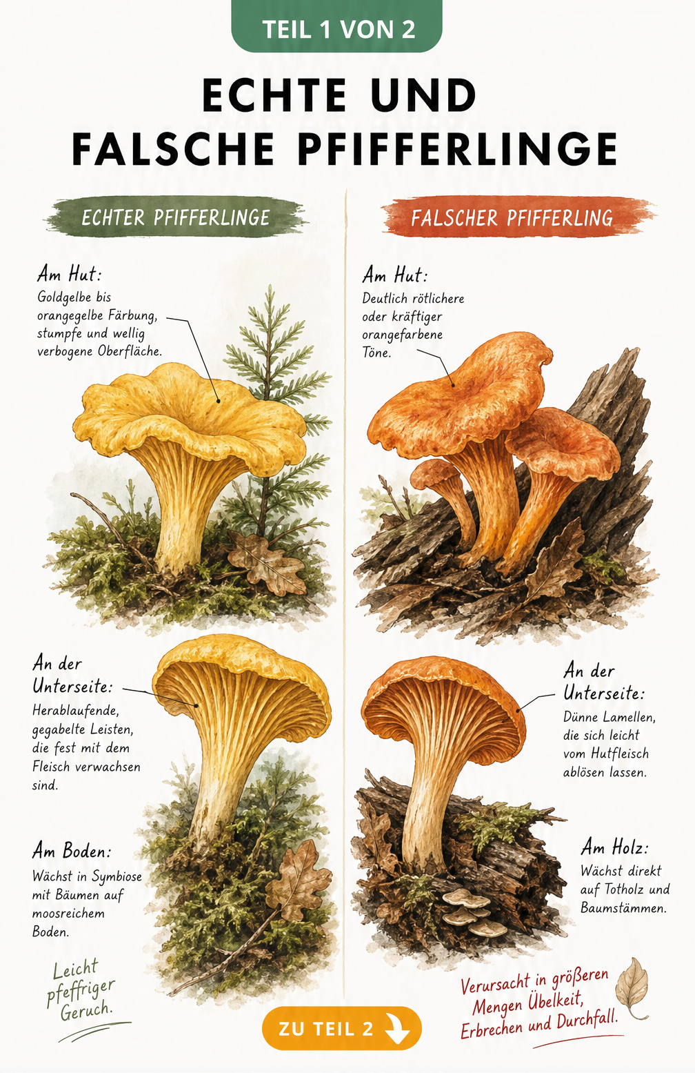 Botanische Gegenüberstellung von Echtem und Falschem Pfifferling mit Merkmalen an Hut, Unterseite und Standort
