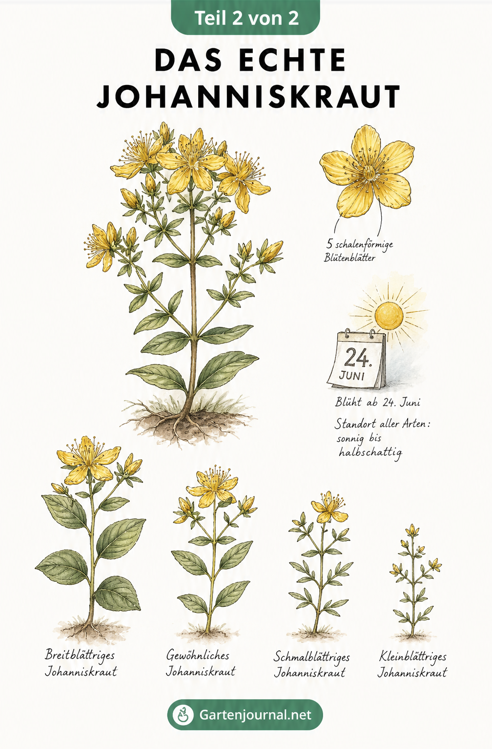 Botanische Zeichnung des Echten Johanniskrauts mit Blüte, Blühbeginn und den vier Unterarten im Größenvergleich