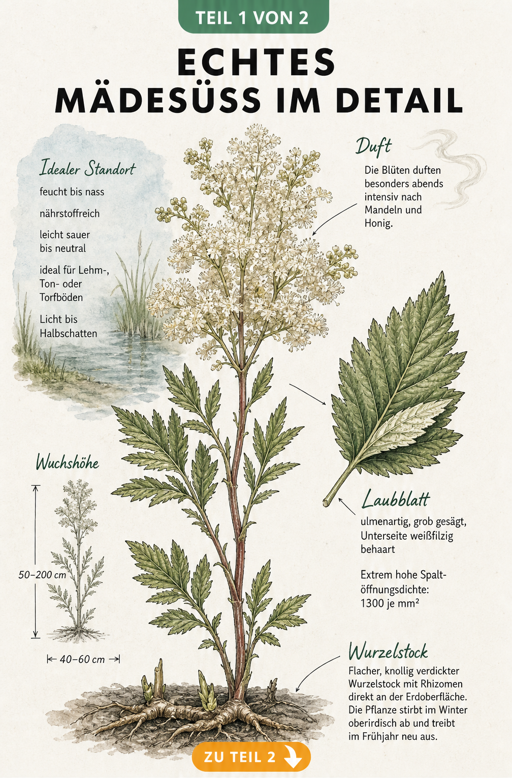Botanische Illustration des Echten Mädesüß mit Details zu Wuchs, Blättern, Blüten und Standortansprüchen