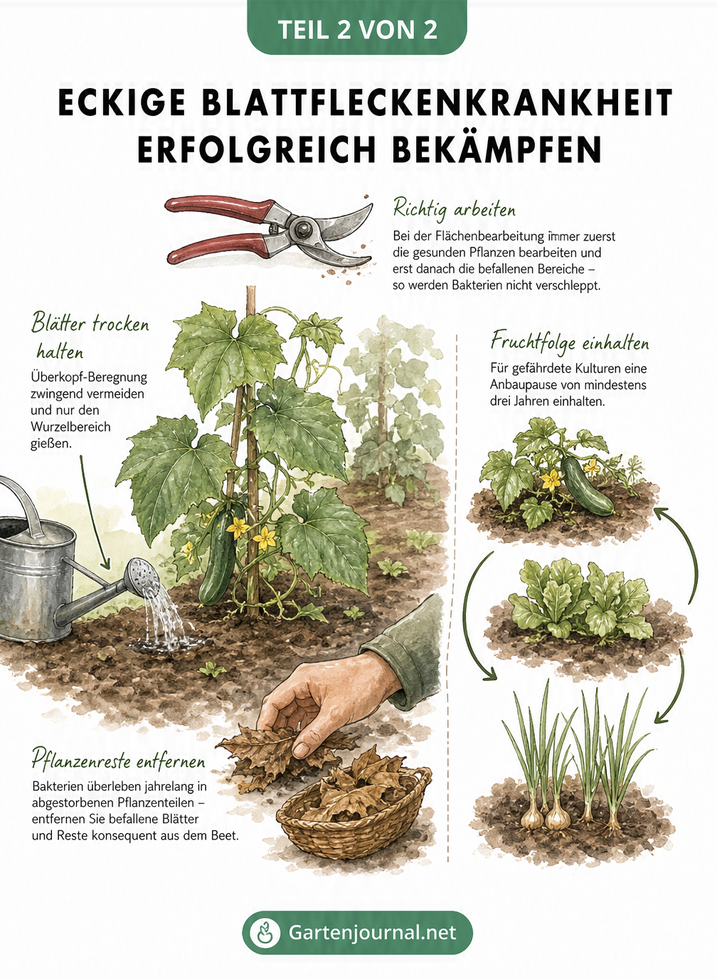 Aquarellierte Gartenbeet-Szene, die richtige Pflegepraktiken wie gezieltes Gießen im Wurzelbereich, das Entfernen kranker Blätter und die Einhaltung der...