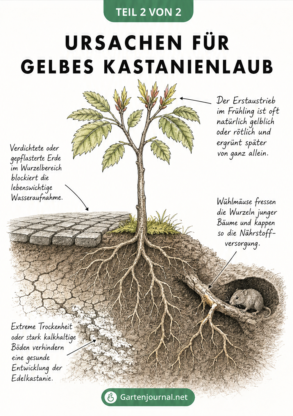Querschnitt-Zeichnung eines Edelkastanienbaums mit Ursachen für gelbes Laub wie Wühlmäuse, Trockenheit und verdichtete Erde