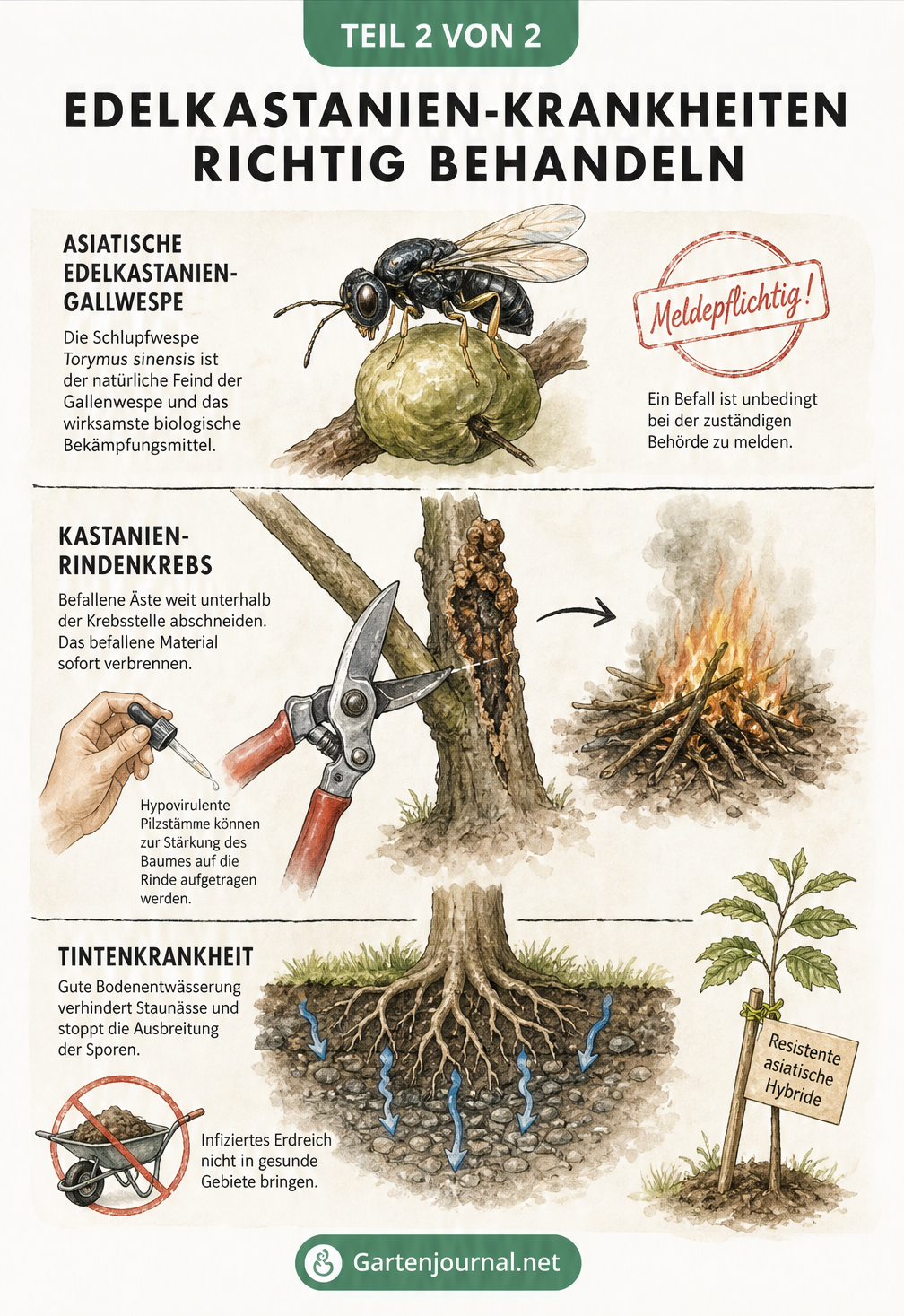 Illustration von Gegenmaßnahmen bei Edelkastanien-Krankheiten: Schlupfwespe, Astschnitt und Bodenentwässerung