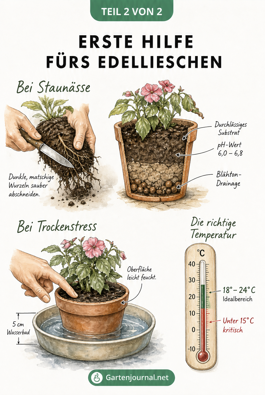 Illustration zur Ersten Hilfe bei Edellieschen: Wurzeln schneiden bei Staunässe und Wasserbad bei Trockenstress.