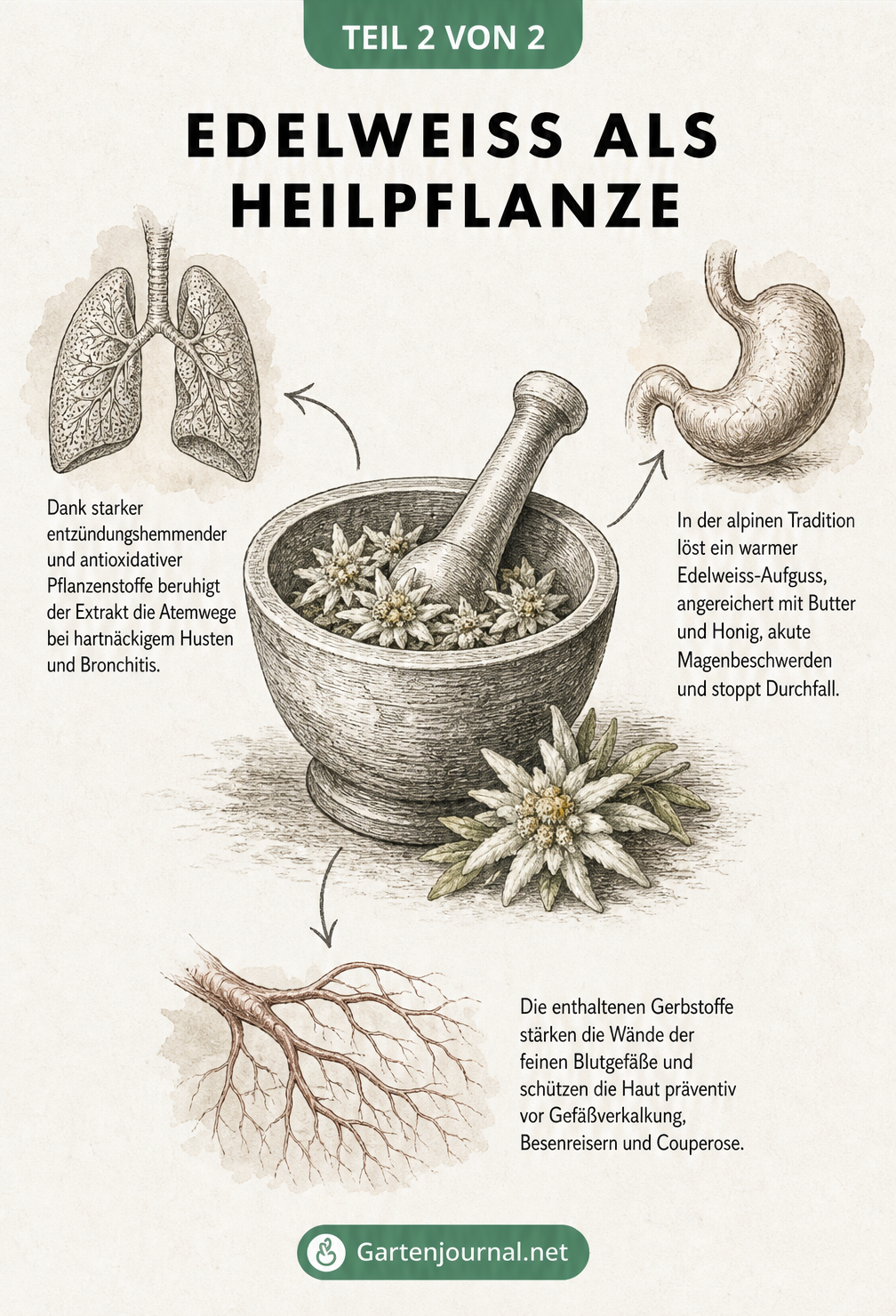 Illustration eines antiken Moersers mit Edelweissblueten und anatomischen Skizzen zur Heilwirkung
