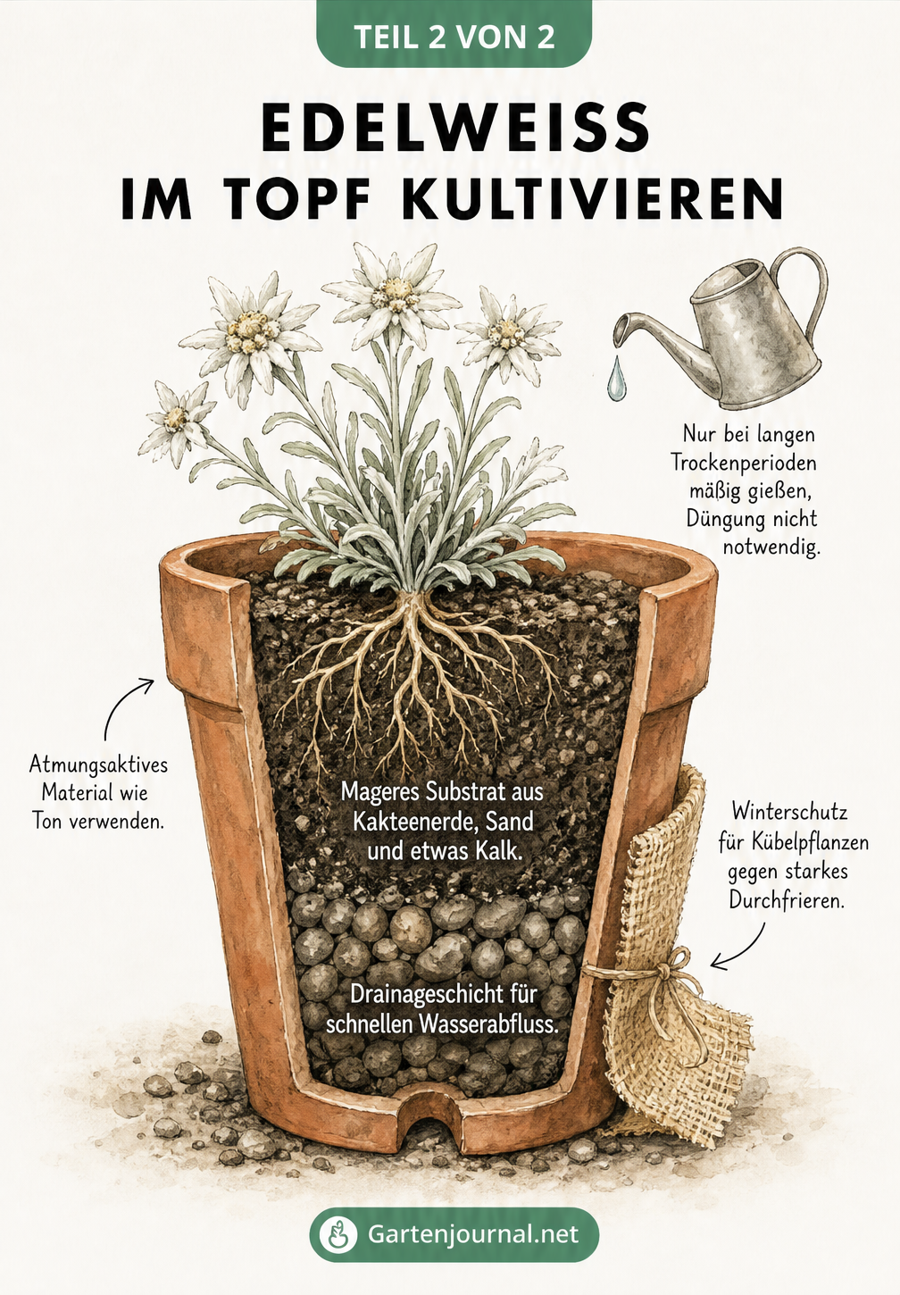 Querschnitt eines Terrakotta-Topfes mit Edelweiß, der die Drainageschicht und das magere Substrat zeigt