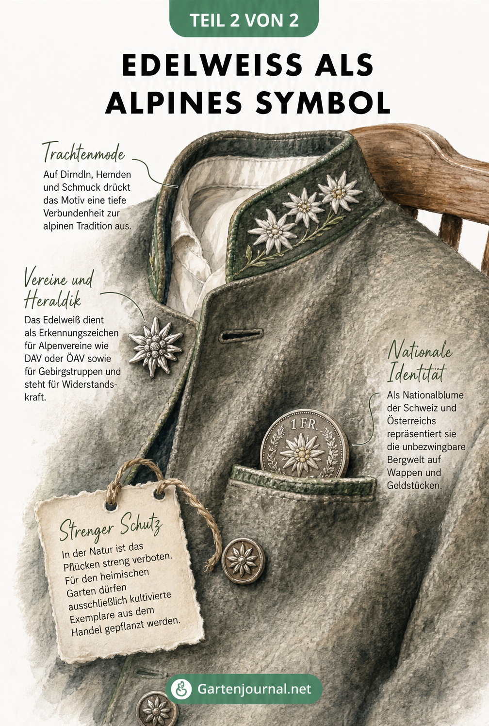 Aquarell-Zeichnung einer alpinen Lodenjacke mit Edelweiß-Abzeichen, Münze und Stickerei