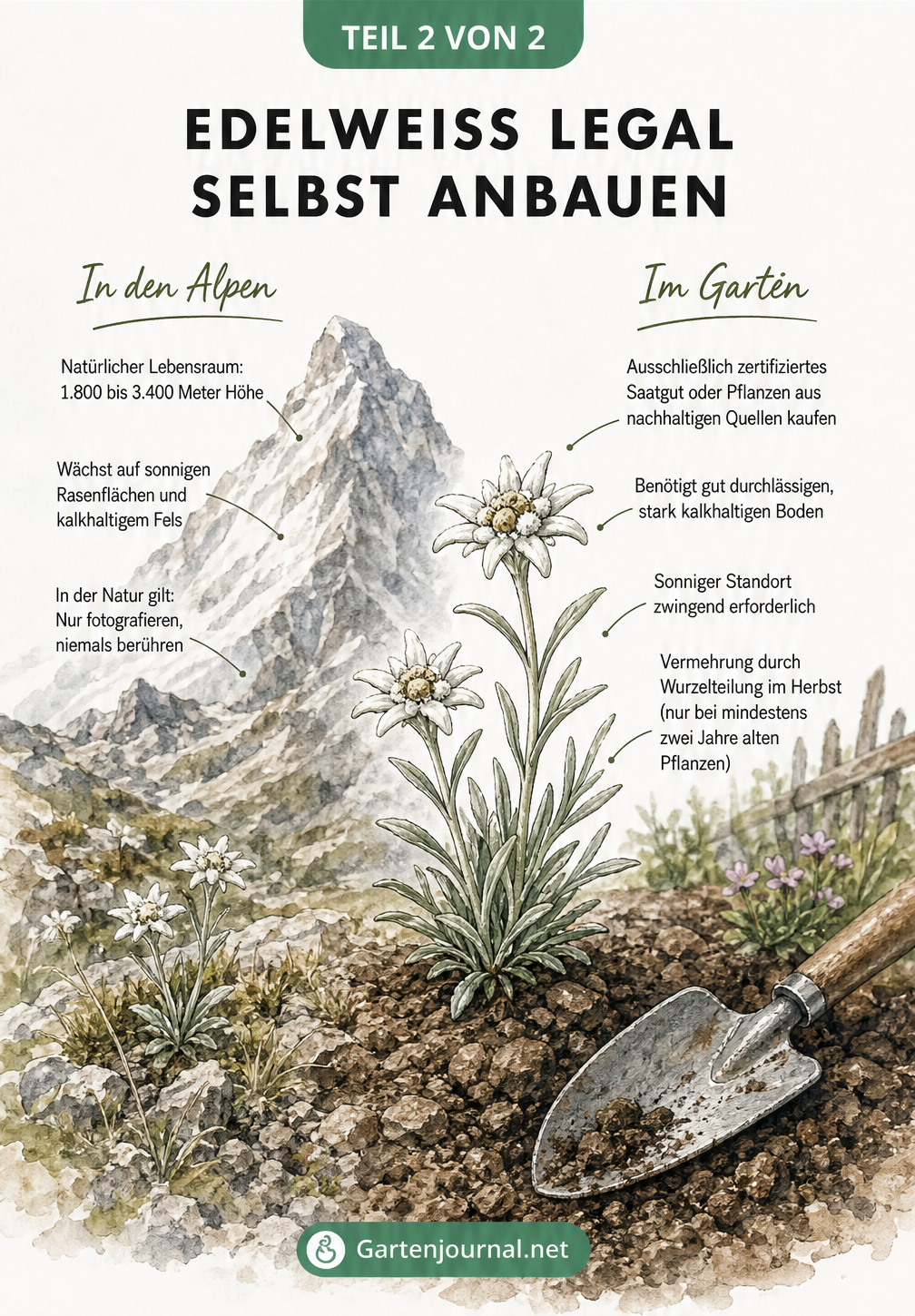 Illustration des Übergangs von einer Berglandschaft zu einem Gartenbeet mit Tipps zum legalen Anbau von Edelweiß