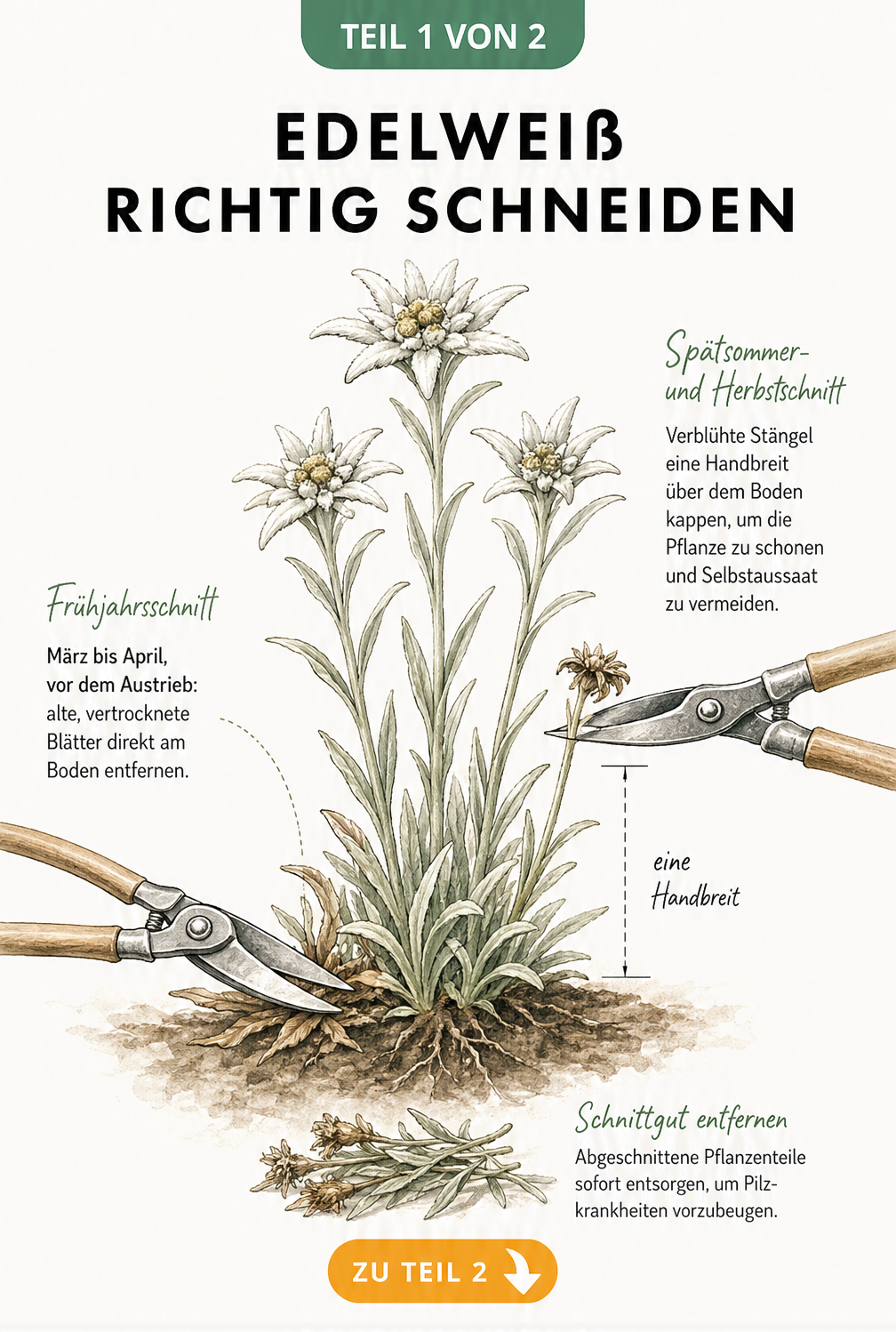 Botanische Illustration einer Edelweiß-Pflanze, die den Frühjahrsschnitt und den Rückschnitt im Spätsommer mit einer Gartenschere zeigt.