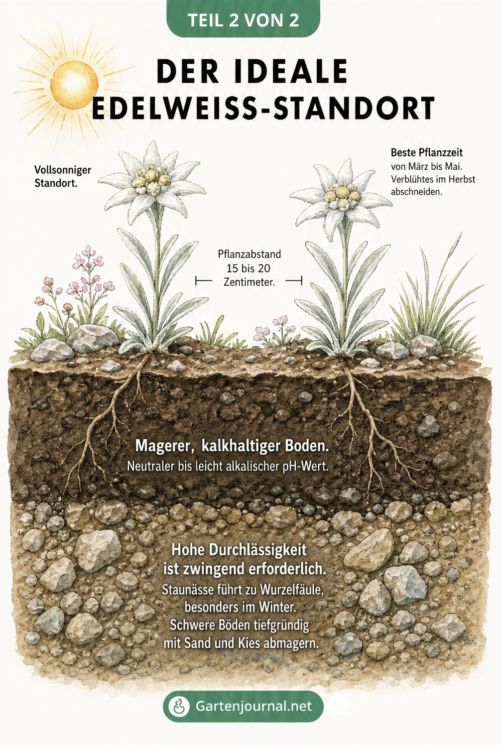 Querschnitt eines Gartenbeets mit Alpen-Edelweiß, das den idealen sonnigen Standort und durchlässigen Boden zeigt