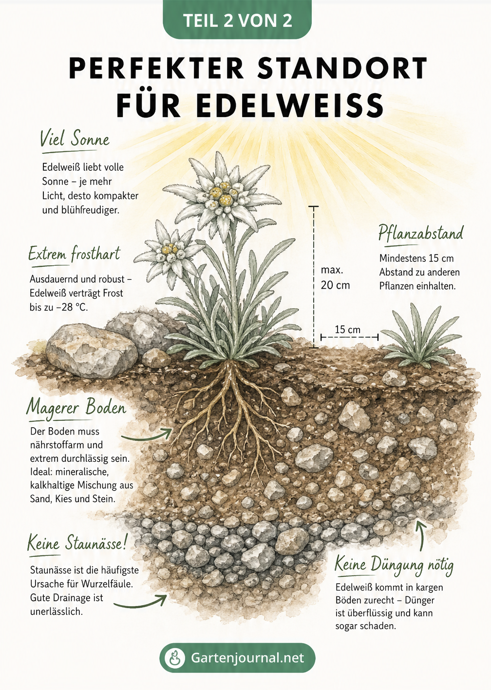 Querschnitt eines Steingarten-Beets mit Edelweiss, das die Bodenbeschaffenheit und Sonneneinstrahlung zeigt