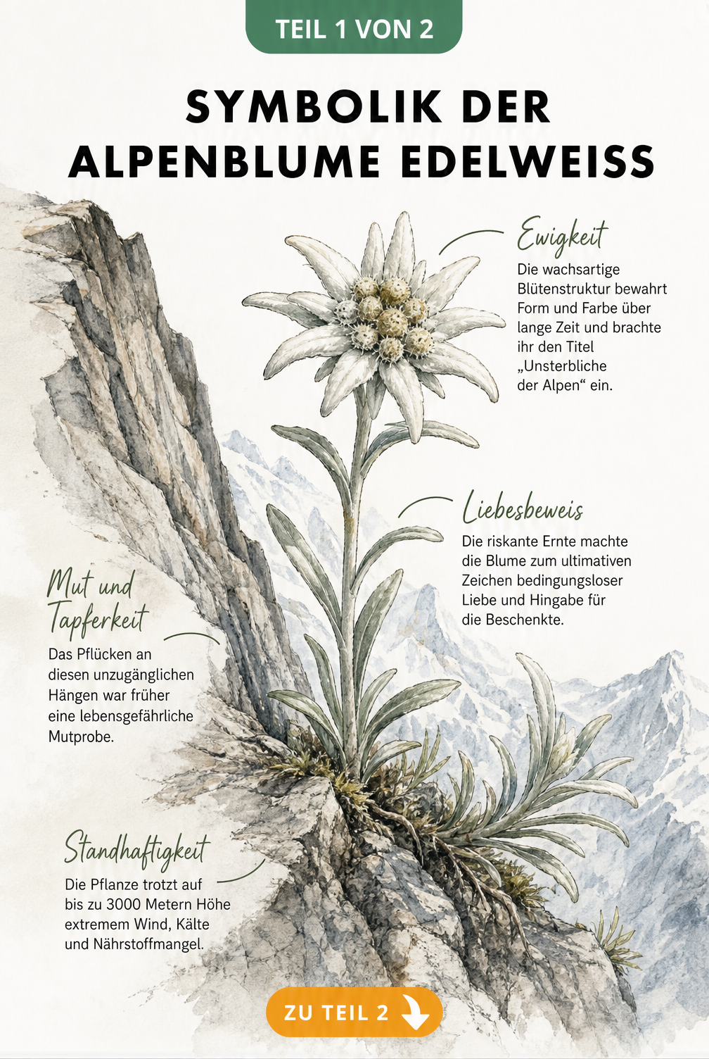 Botanische Handzeichnung eines Edelweißes in einer Felsspalte mit Erklärungen zur Symbolik