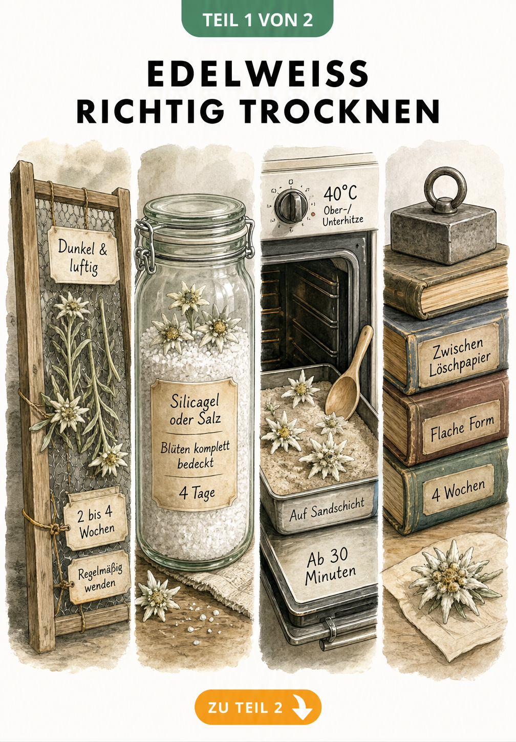 Botanische Übersichtstafel mit vier Methoden zum Trocknen von Edelweiß: Lufttrocknung, Trocknungsmittel, Backofen und Pressen.