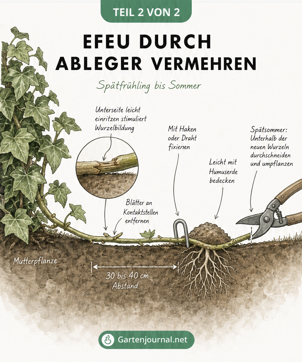 Querschnittszeichnung zur Vermehrung von Efeu durch Ableger im Gartenbeet