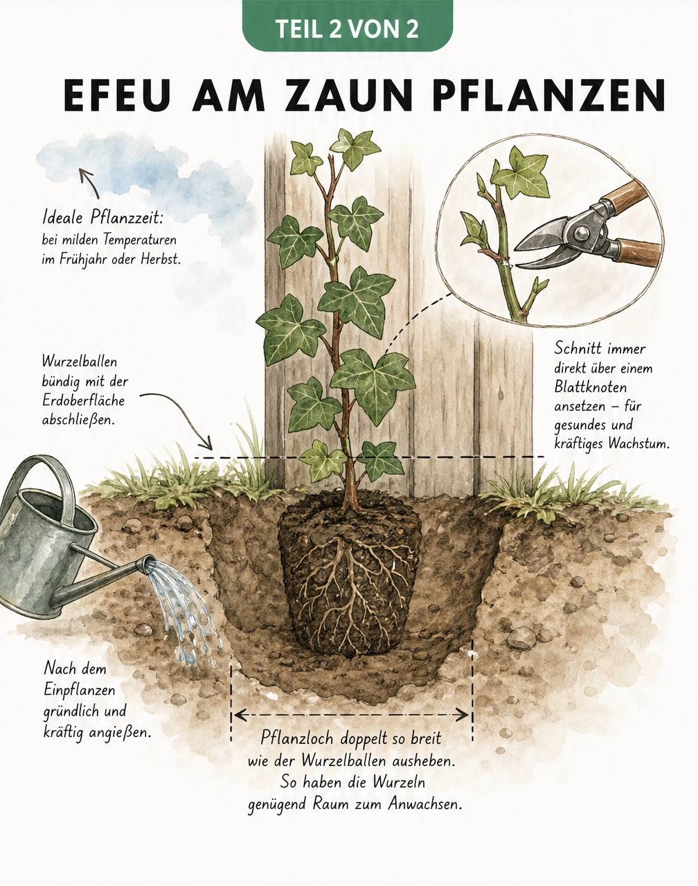 Querschnitt-Darstellung eines frisch gepflanzten Efeus am Zaun mit Hinweisen zu Pflanzzeit, Pflanzloch und Rückschnitt