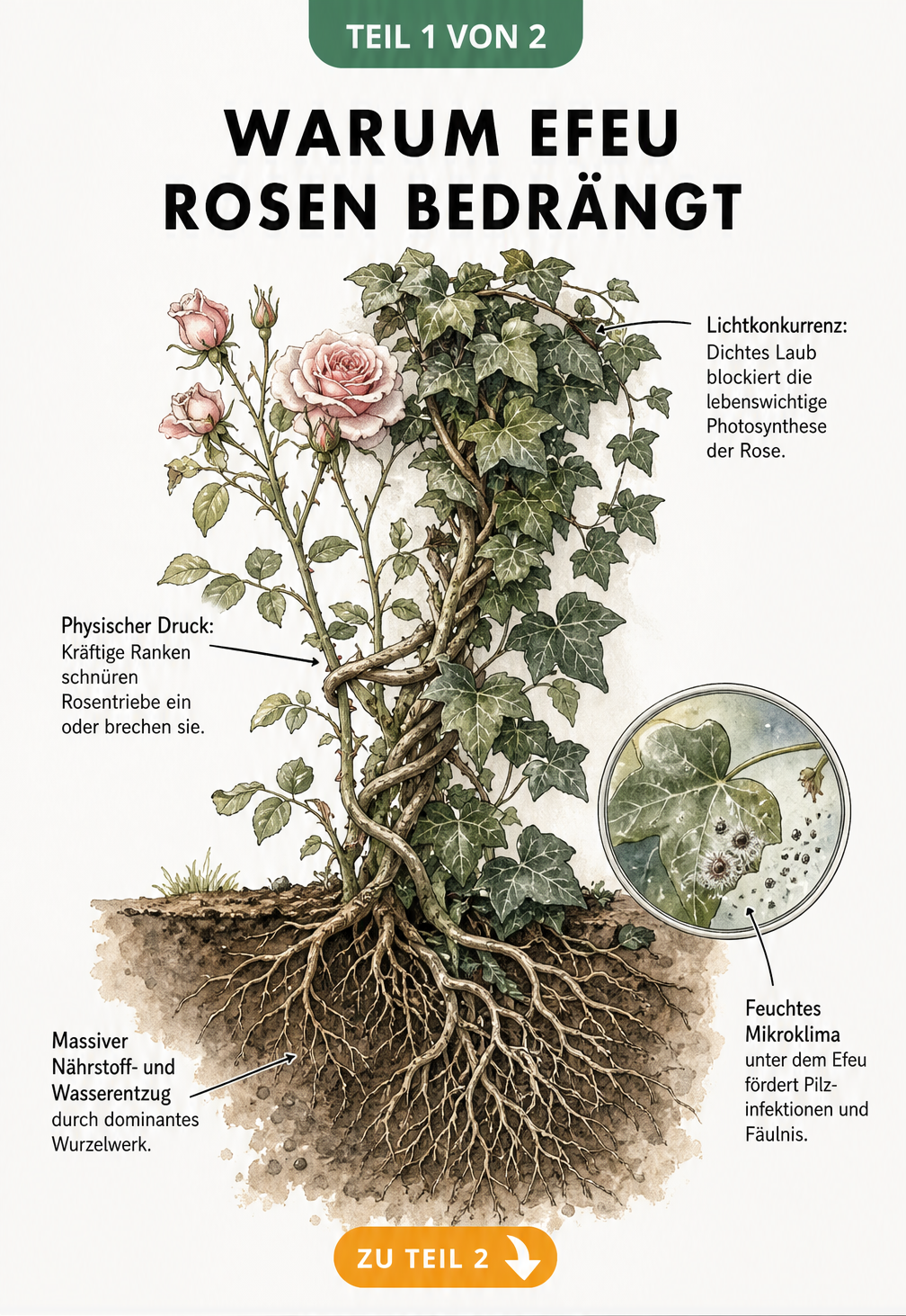 Botanische Illustration zeigt, wie Efeu eine Rose umschlingt und ihr Nährstoffe sowie Licht entzieht