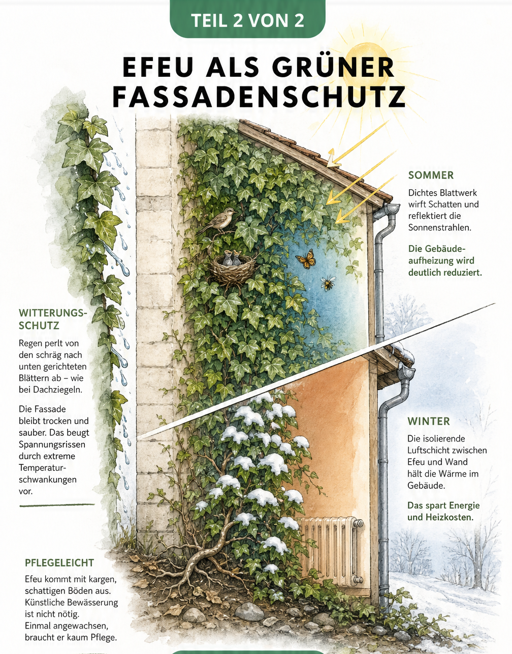 Querschnitt einer Hausfassade mit Efeubewuchs, der im Sommer kühlt und im Winter isoliert, sowie vor Regen schützt.