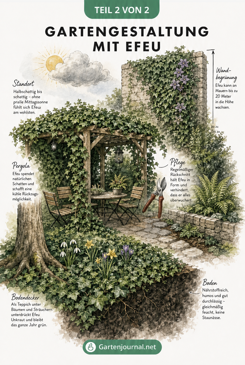 Isometrische Gartenskizze mit Efeu an einer Mauer, über einer Pergola und als Bodendecker