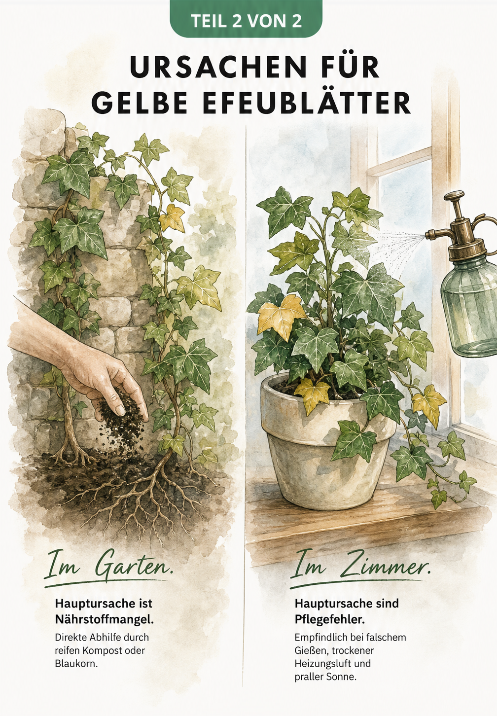 Gegenüberstellung von Efeu im Garten und im Zimmer: Nährstoffmangel im Freiland versus Pflegefehler bei Zimmerpflanzen.