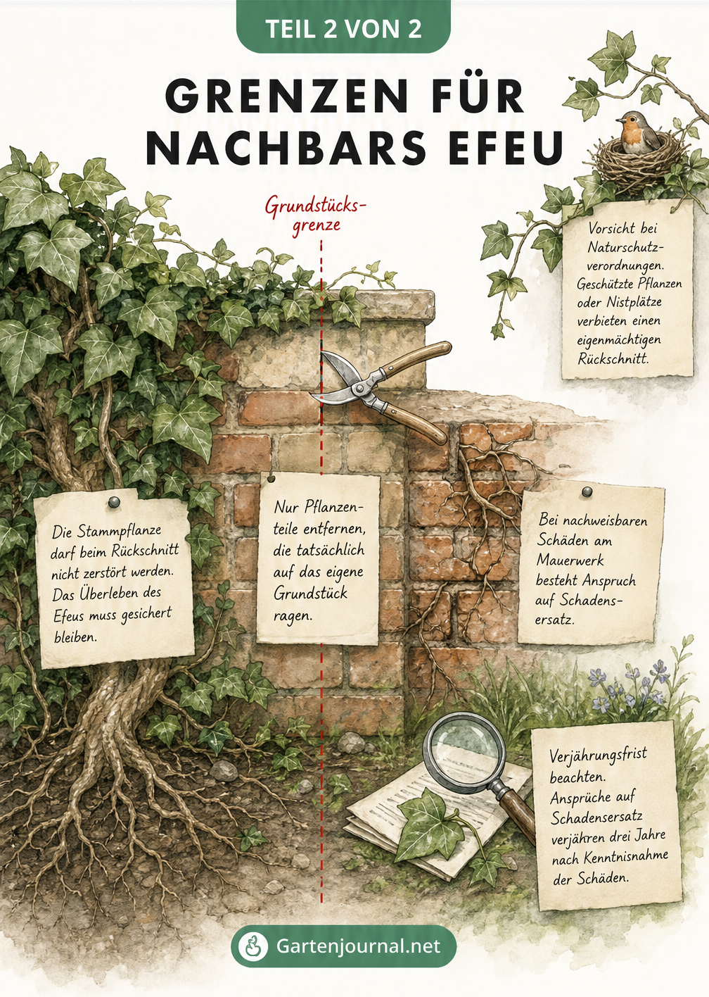Querschnitt einer Backsteinmauer an der Grundstücksgrenze mit wucherndem Efeu und rechtlichen Hinweisen