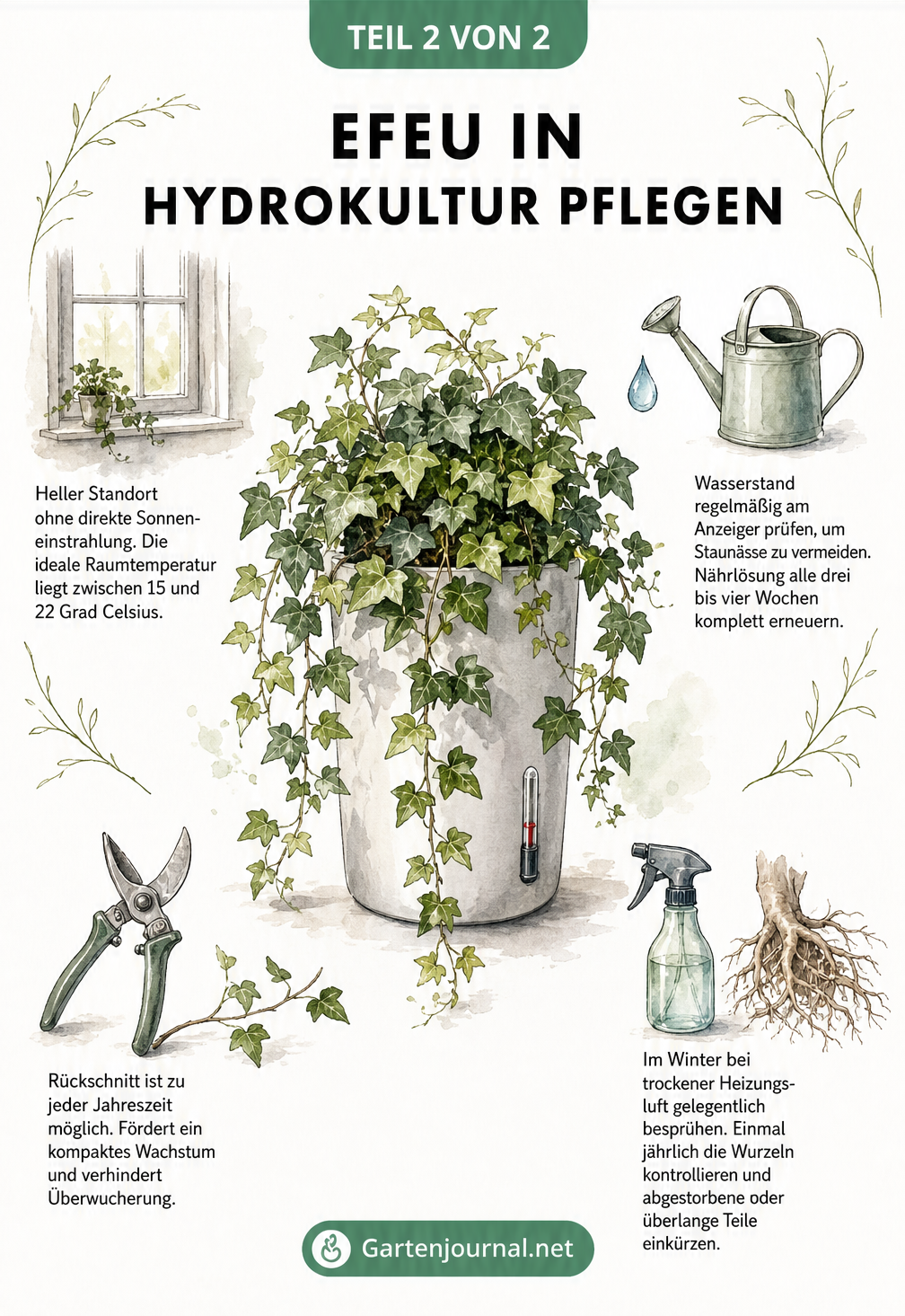 Illustration eines Efeus in Hydrokultur mit Pflegetipps zu Standort, Gießen, Schneiden und Besprühen