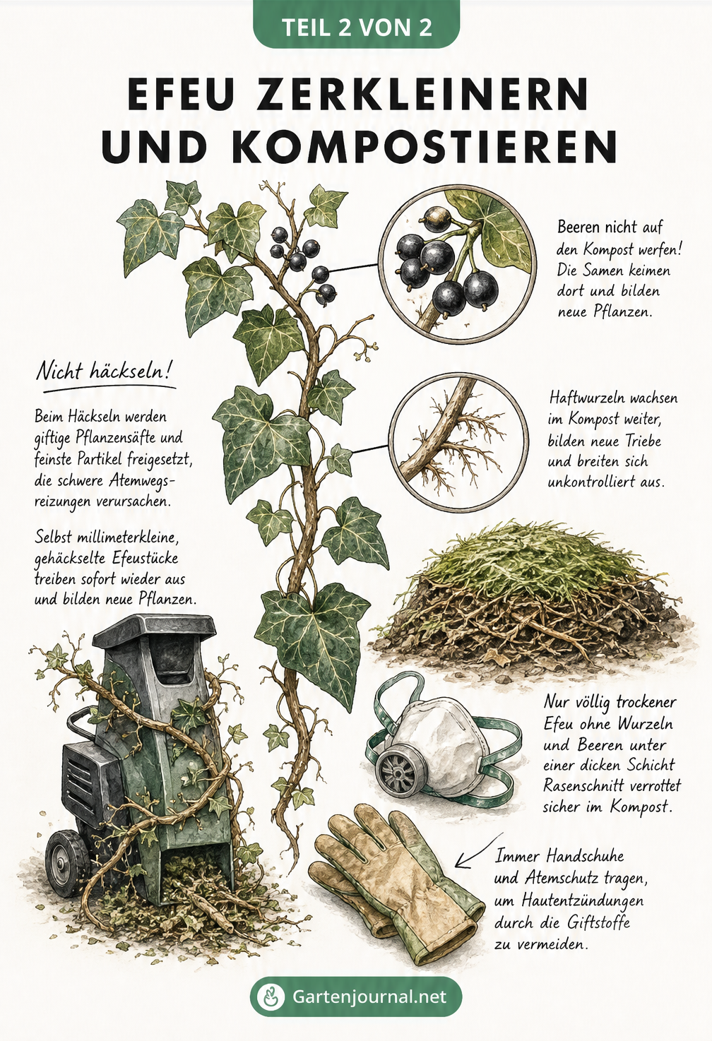 Botanische Zeichnung eines Efeuzweigs mit vergrößerten Beeren und Haftwurzeln sowie einem durchgestrichenen Gartenhäcksler.