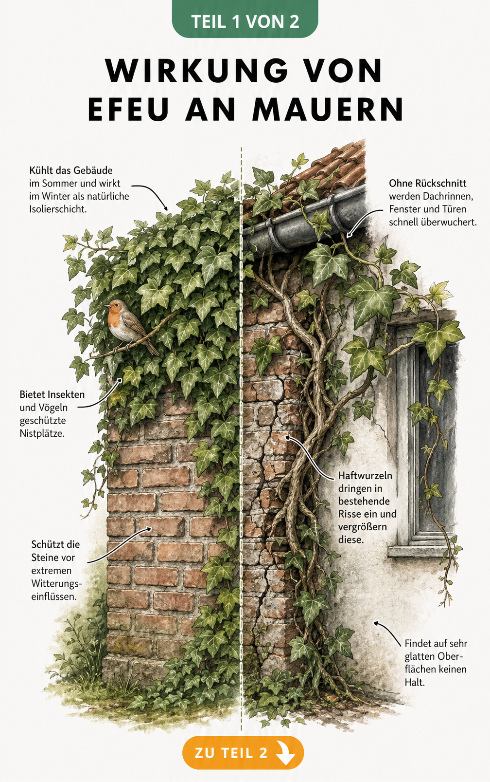 Querschnitt einer Backsteinmauer mit Efeu: Links intakte Begrünung als Schutz und Nistplatz, rechts bauliche Risiken durch Haftwurzeln in Rissen und...