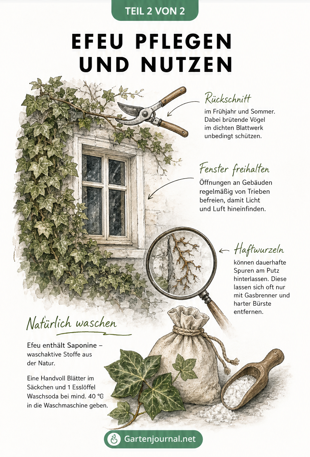 Illustration zur Pflege von Efeu mit Rückschnitt an der Hausfassade und Nutzung als Waschmittel