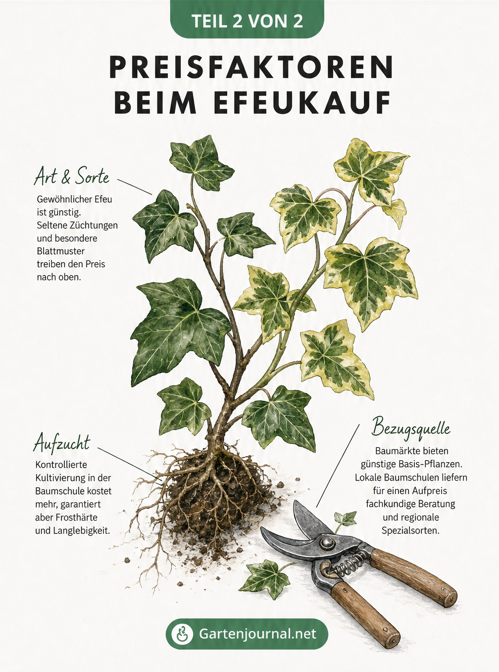Aquarell-Illustration zweier Efeuzweige mit Erklärungen zu Preisfaktoren wie Art, Aufzucht und Bezugsquelle