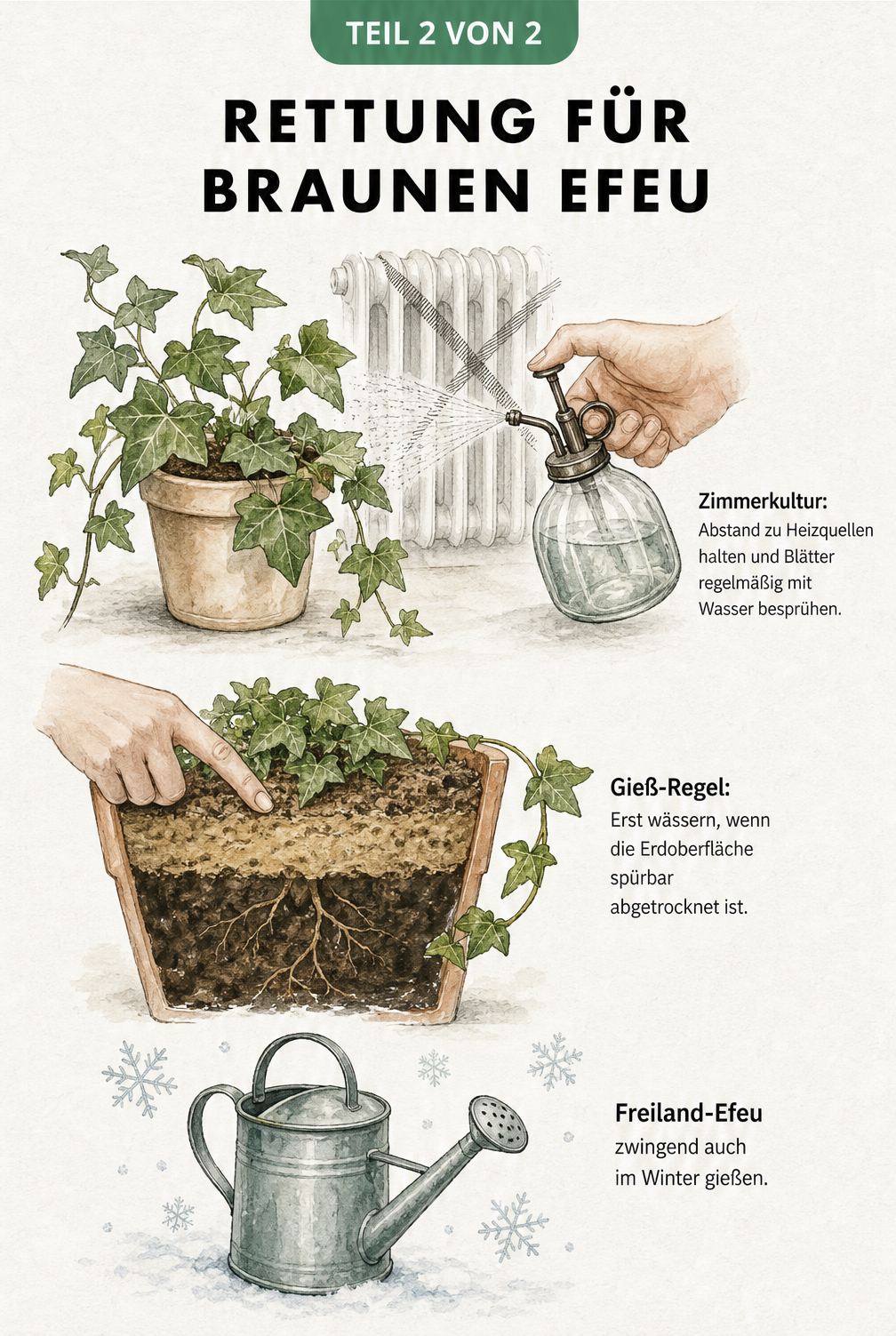 Illustration zur Pflege von Efeu: Besprühen der Blätter bei Zimmerkultur und Gieß-Regel mit Fingerprobe im Topf