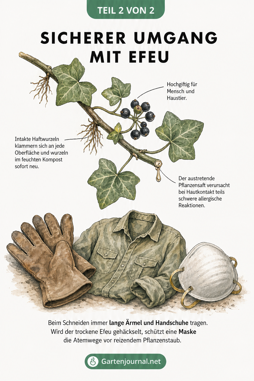 Aquarell-Zeichnung eines Efeuzweigs mit Hinweisen zu giftigen Beeren, allergieauslösendem Pflanzensaft und Schutzkleidung wie Handschuhen und Maske.