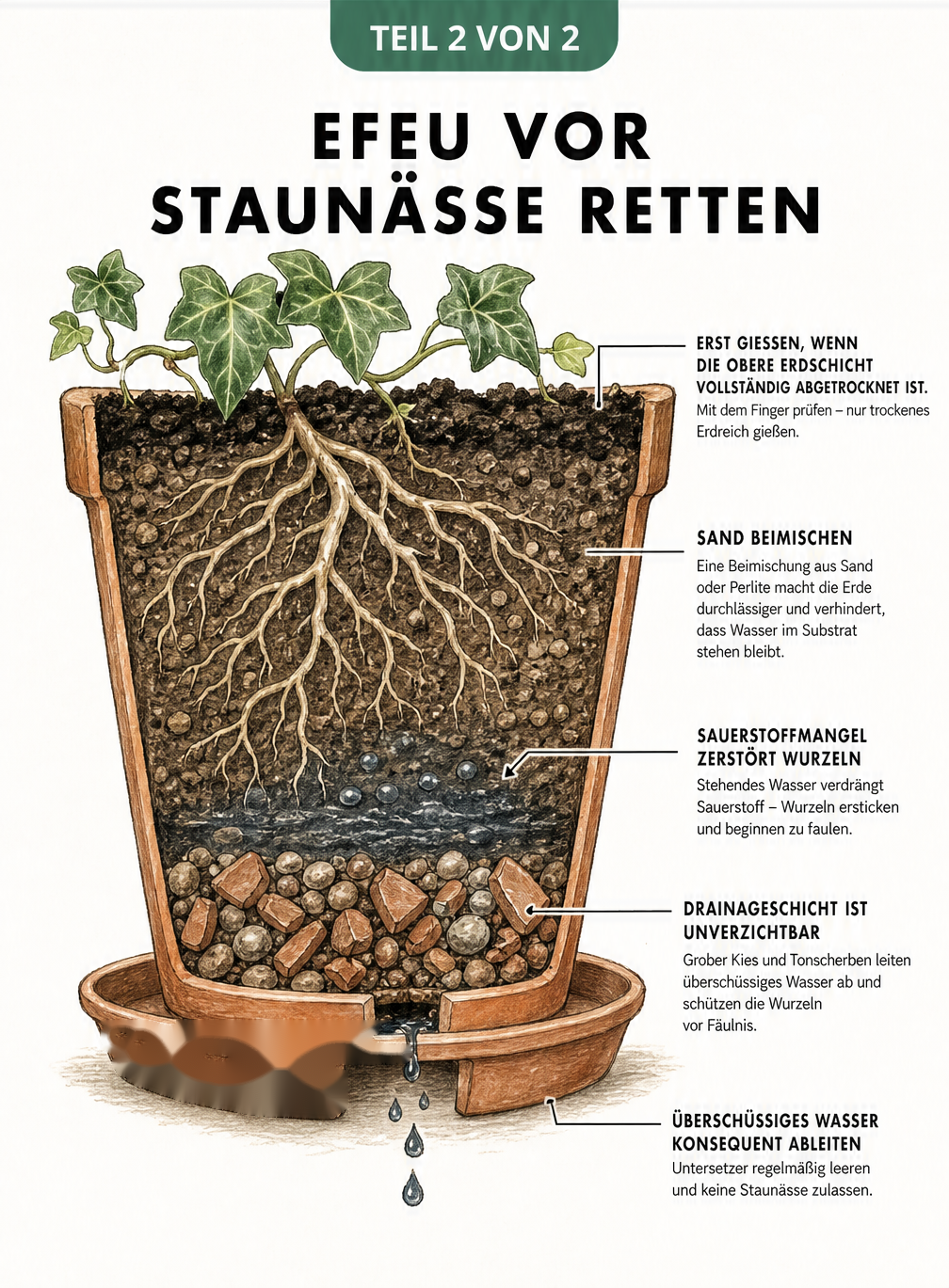 Querschnitt eines bepflanzten Terrakotta-Topfes, der den idealen Bodenaufbau mit Drainageschicht, durchlässigem Substrat und gesundem Wurzelsystem zeigt.