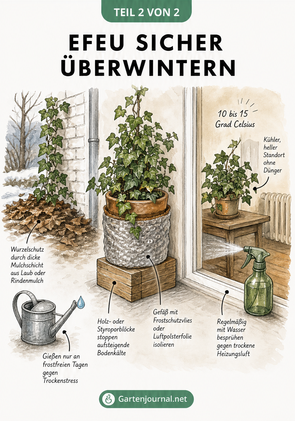 Skizze zur Überwinterung von Efeu im Gartenbeet, auf dem Balkon und im Haus