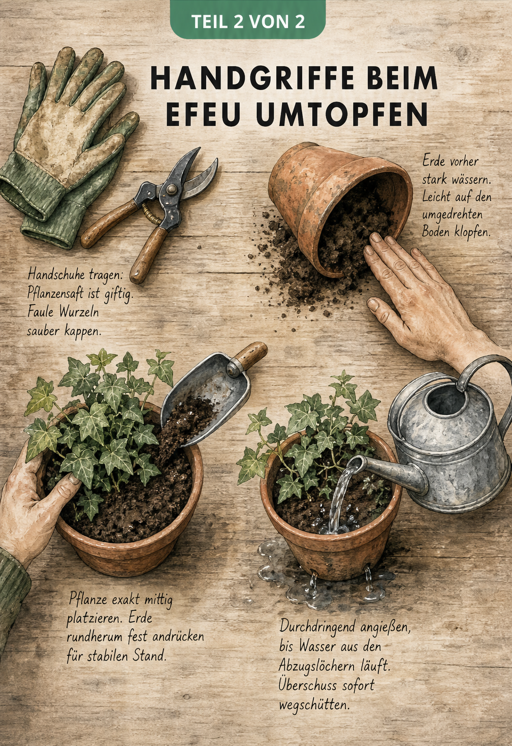 Aufsicht auf einen Pflanztisch mit Handschuhen, Gartenschere, Topf, Schaufel und Gießkanne, die die Schritte beim Umtopfen von Efeu illustrieren.
