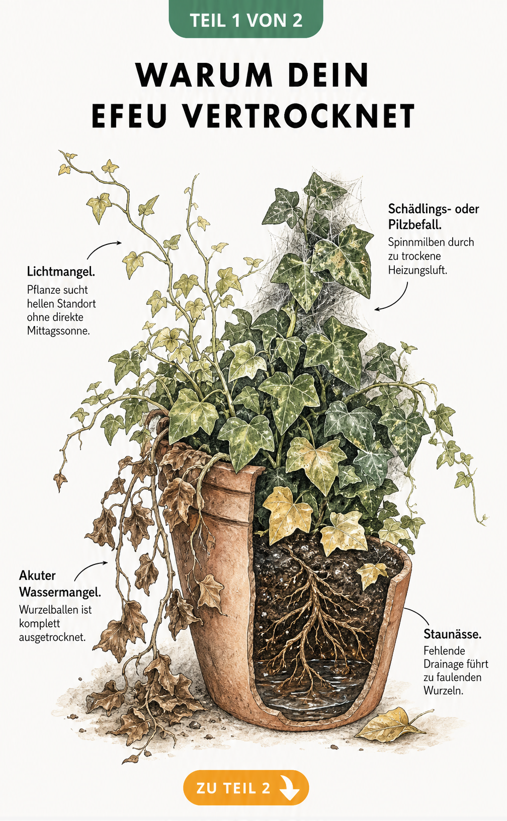Illustration eines Efeus im Terrakottatopf, die vier Schadbilder zeigt: Lichtmangel, Schädlingsbefall, Wassermangel und Staunässe.