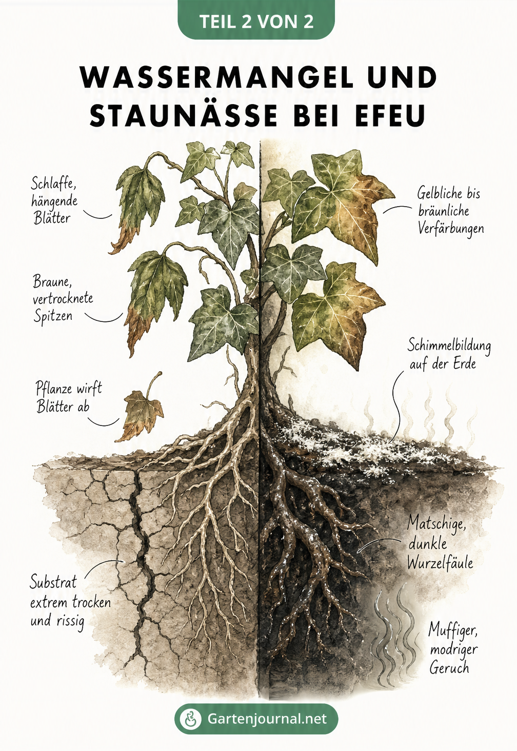 Botanische Illustration von Efeu mit Anzeichen für Wassermangel und Staunässe