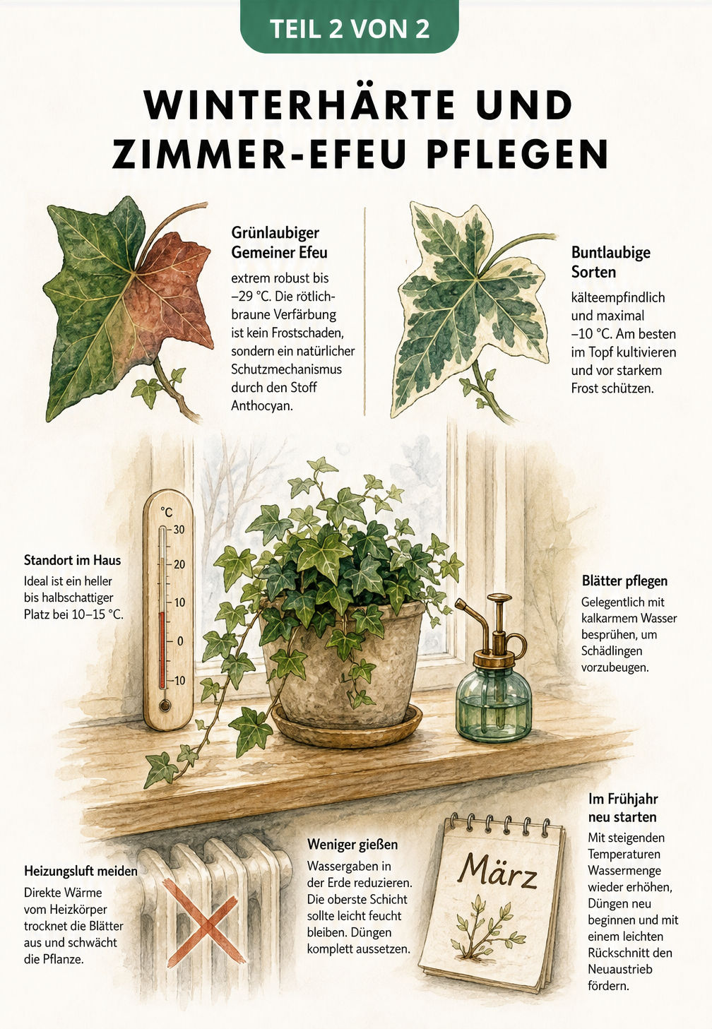Aquarell-Lehrtafel: Winterhärte von Efeublättern und Pflege von Zimmer-Efeu am Fensterbrett