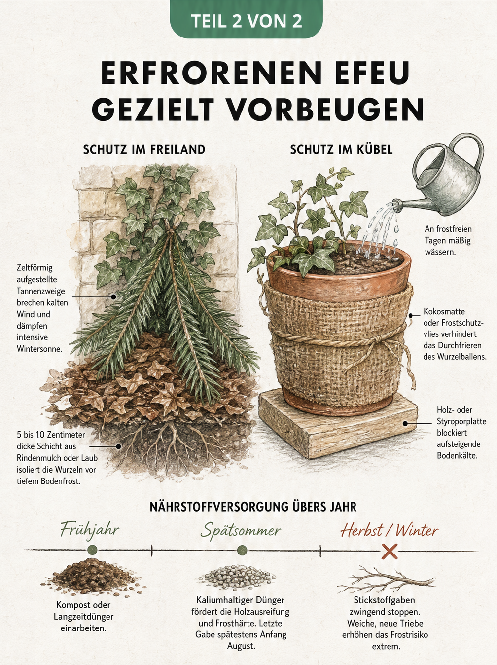 Skizze von Efeu im Beet und Kübel mit Schutzmaßnahmen gegen Frost sowie einem Zeitstrahl zur richtigen Düngung.